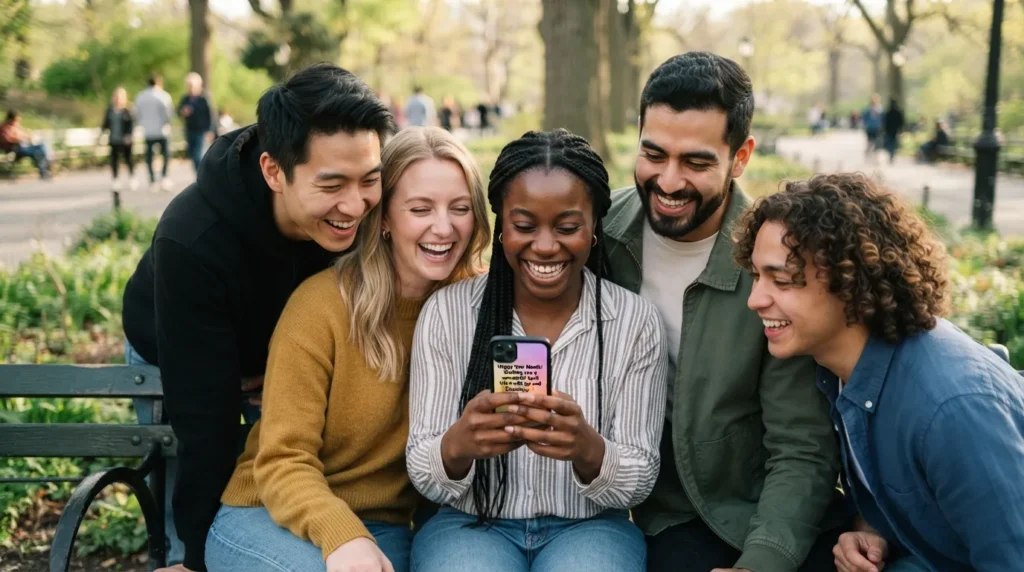 Friends smiling while reading new month quotes on a phone together
