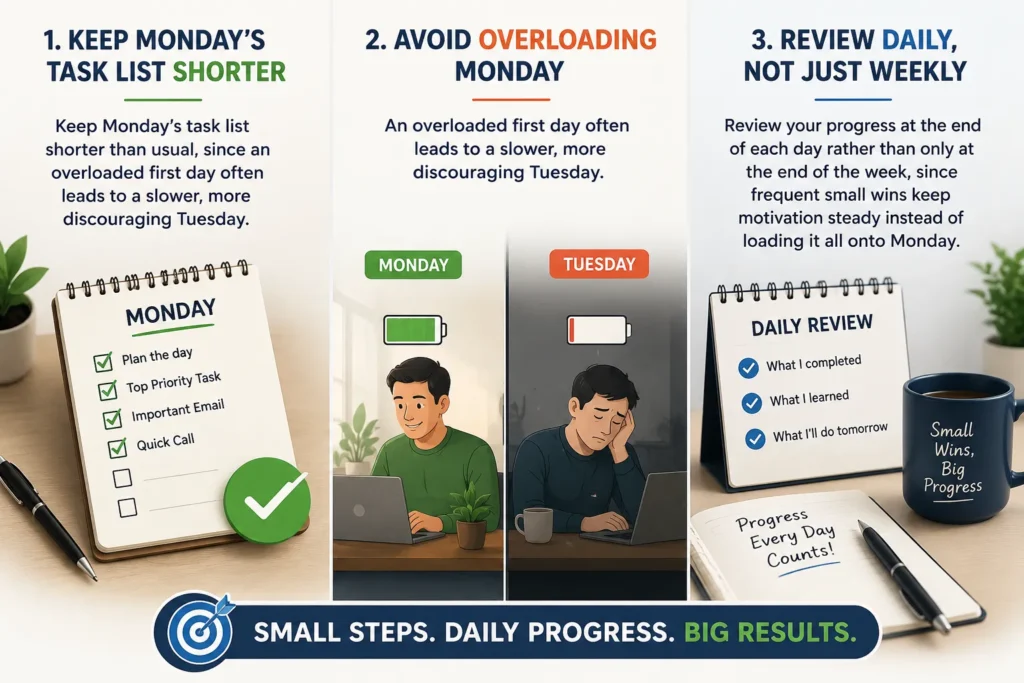 Start the week with a realistic number of tasks instead of trying to finish everything at once.