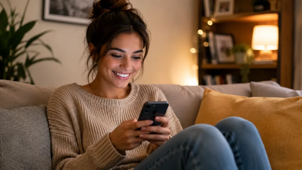 A young woman smiling while sending flirty texts to a partner on her phone in a cozy living room setting